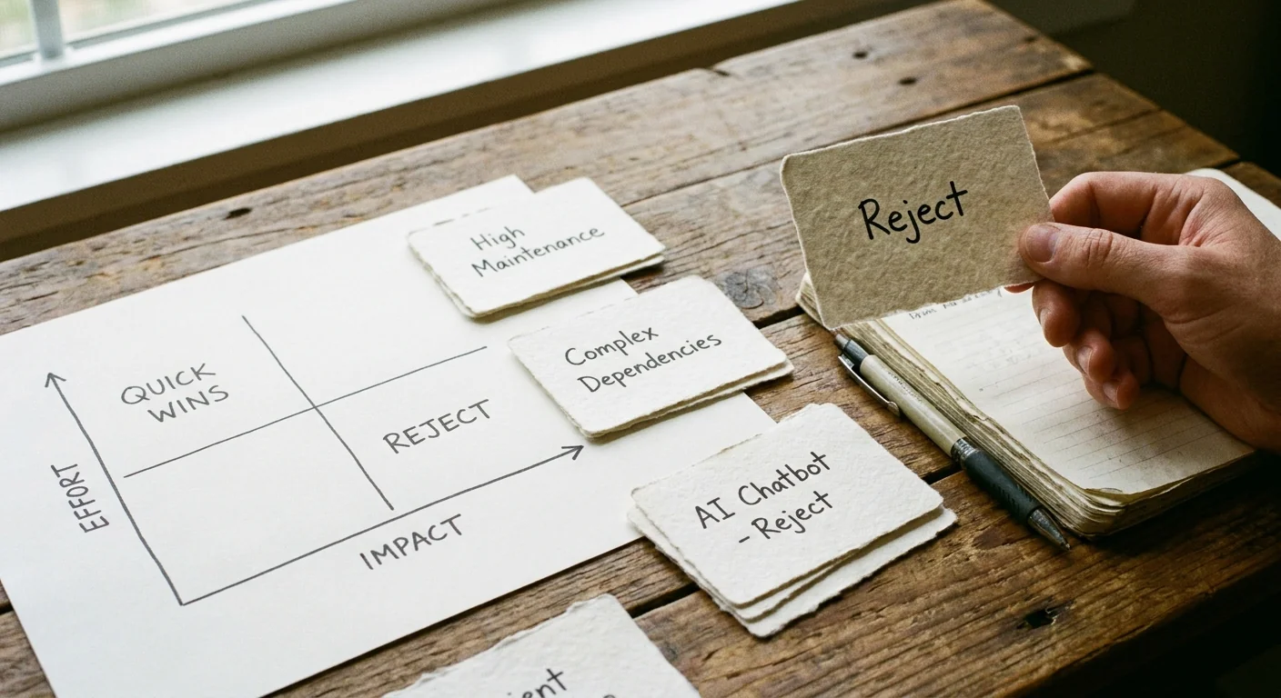 Gros plan sur des cartes d'idées d'automatisation triées sur une grille, mettant en évidence le calcul du coût réel automatisation au-delà du simple ROI.