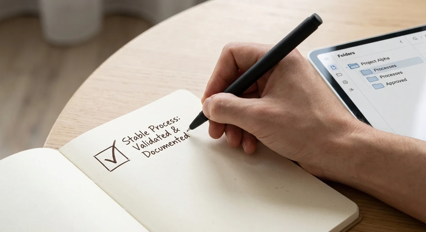 A close-up photograph of a hand checking a checklist in a notebook next to a tablet, illustrating the importance of la stabilité du processus.