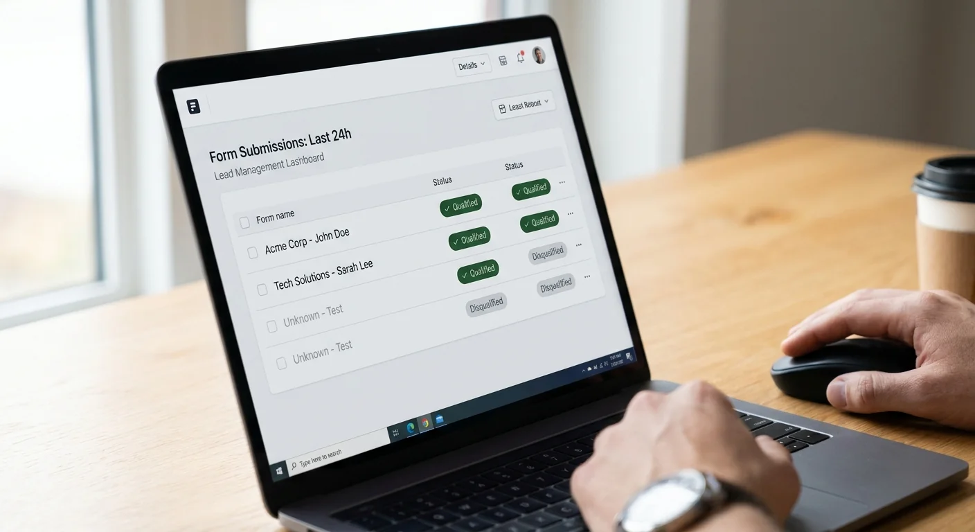 Gros plan sur un écran d'ordinateur montrant l'automatisation du tri des leads avec des statuts qualifiés validés par le système.