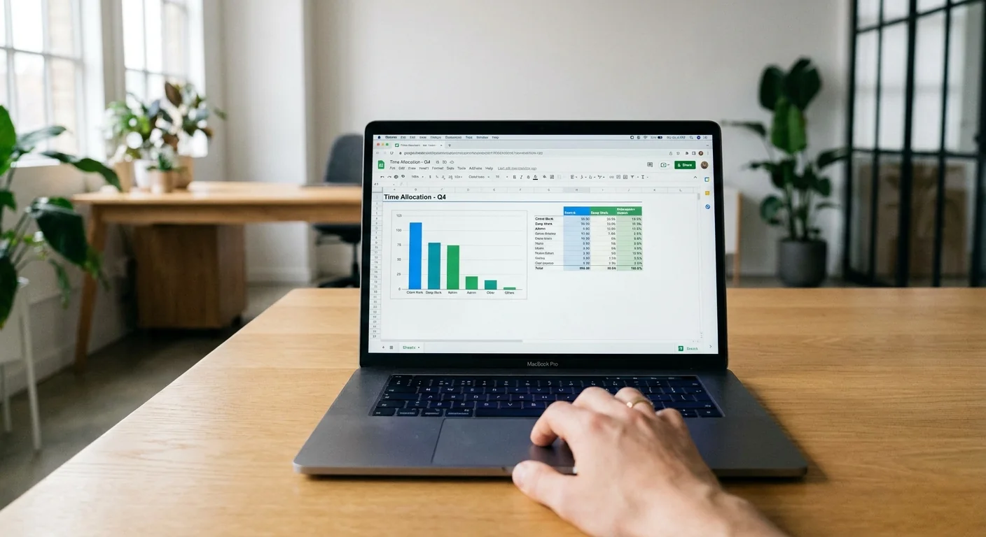 Gros plan sur un écran d'ordinateur affichant un tableur et des graphiques de suivi du temps, montrant comment l'analyse des données permet d'améliorer son efficacité.