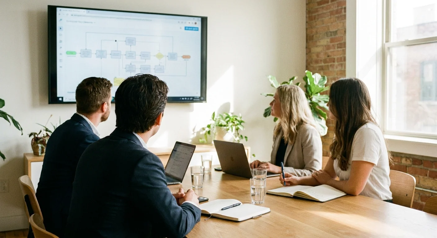 Une équipe en réunion collaborative autour d'un écran dans un bureau moderne, représentant la phase de formation d'une équipe interne avant un recrutement IA.