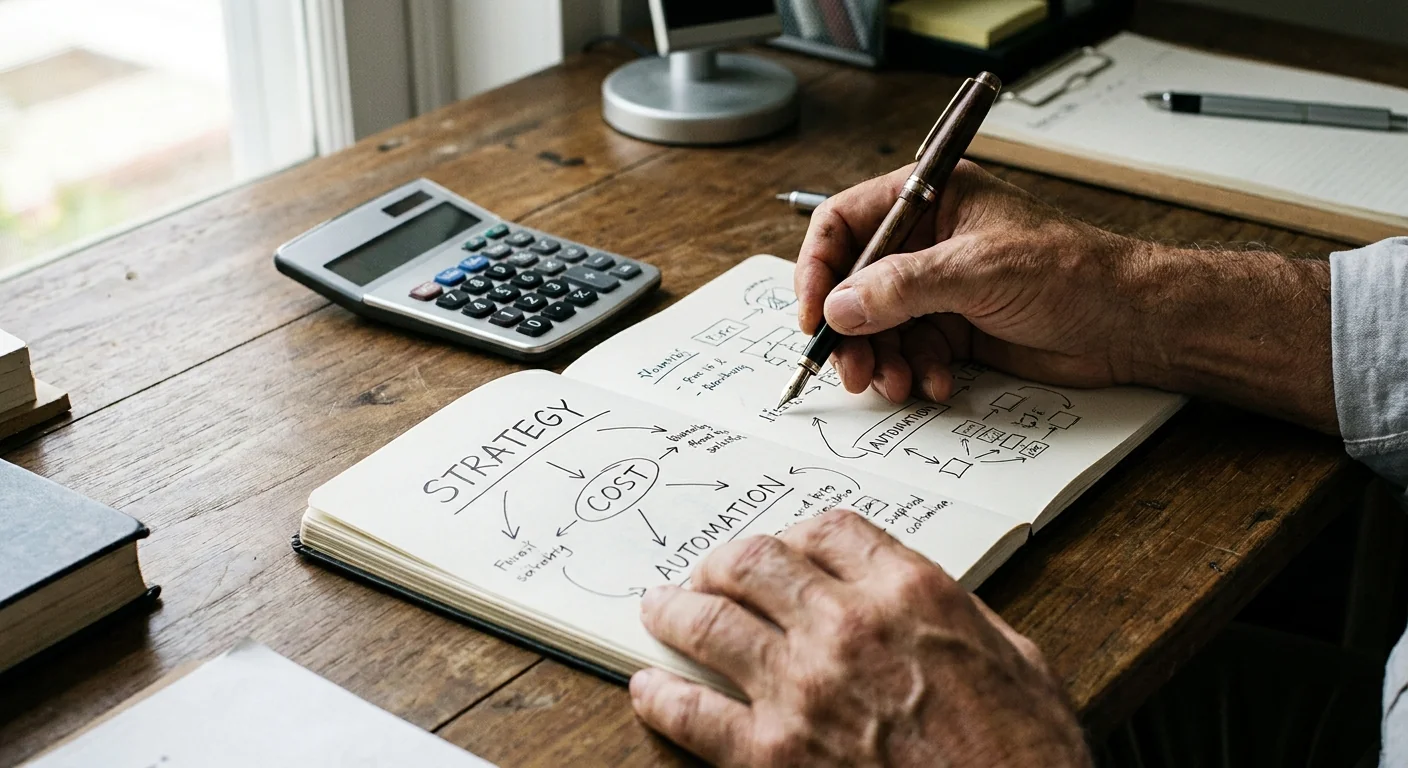 Gros plan sur des notes manuscrites et une calculatrice pour l'adoption IA en Suisse, illustrant la planification stratégique et l'investissement dans un cadre de bureau.