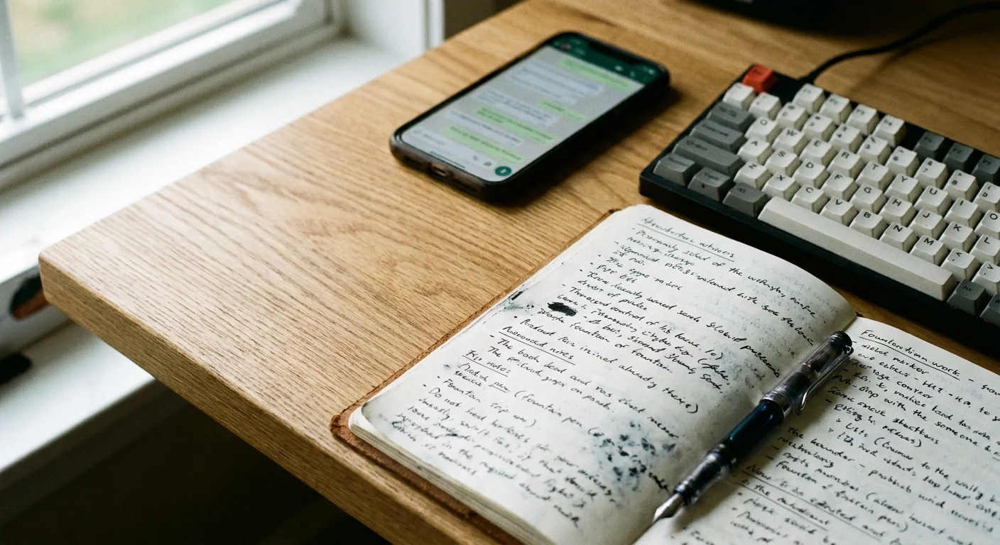 Gros plan sur un clavier d'ordinateur et un carnet de notes ouvert avec un stylo sur un bureau en bois clair, illustrant la création de résumés de réunion structurés par IA.