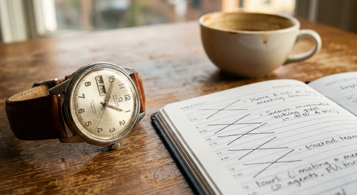 Gros plan sur une montre analogique et un agenda ouvert sur une table de réunion, illustrant le temps perdu et la résistance au changement dans les équipes.