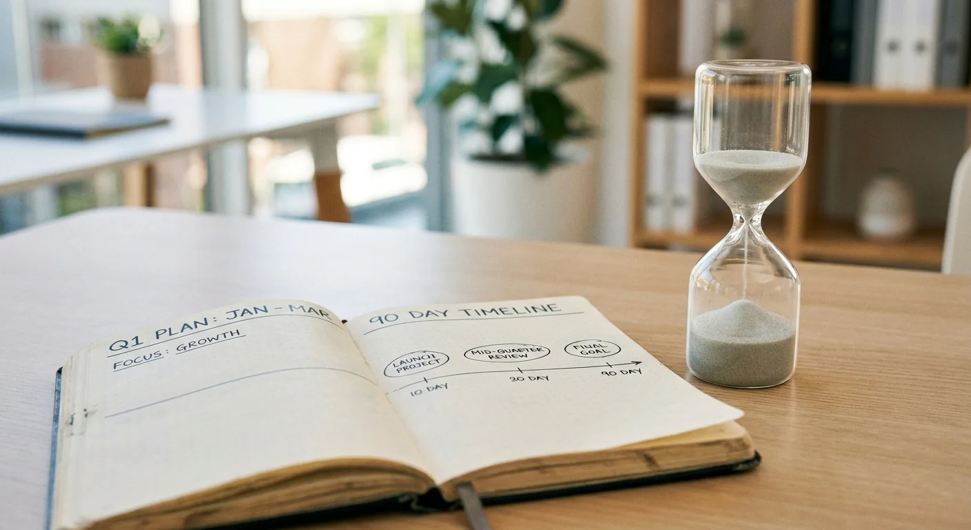 Gros plan sur un agenda trimestriel ouvert et un sablier moderne sur un bureau, symbolisant une stratégie de sprints 90 jours plus agile.