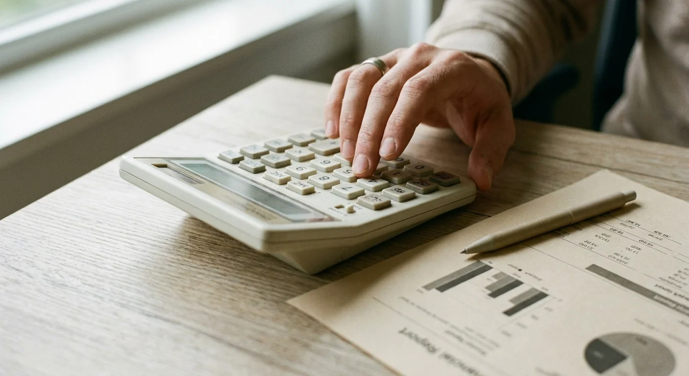 Gros plan sur une calculatrice et une main sur un bureau, illustrant le calcul de ROI pour un projet d'automatisation IA.