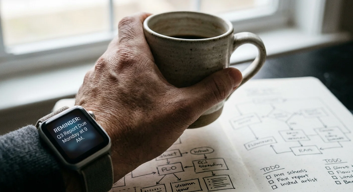 Gros plan sur une montre connectée affichant une notification de tâche le samedi matin, illustrant la charge mentale persistante malgré la routine du vendredi.