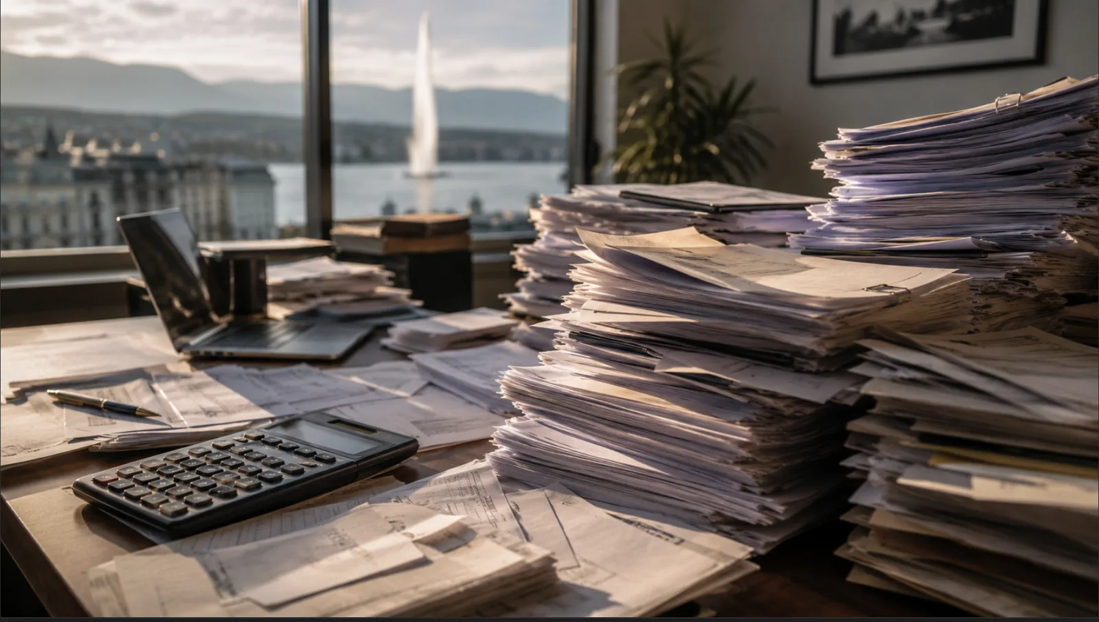 Bureau d'une fiduciaire romande submergé de factures fournisseurs en attente de saisie comptable