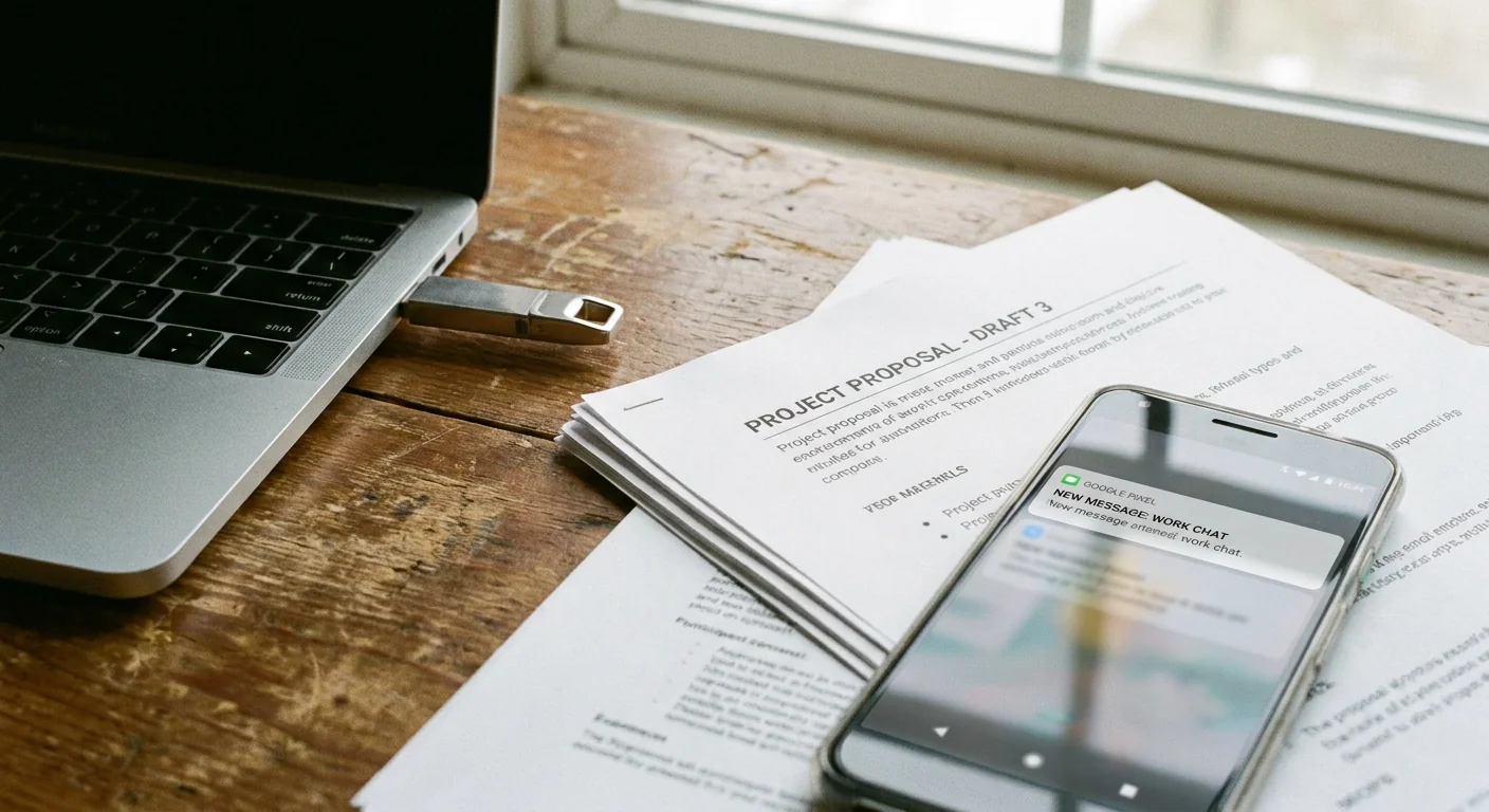 Clé USB et documents papier sur un bureau moderne, représentant les données sensibles qui circulent dans les outils d'entreprise.