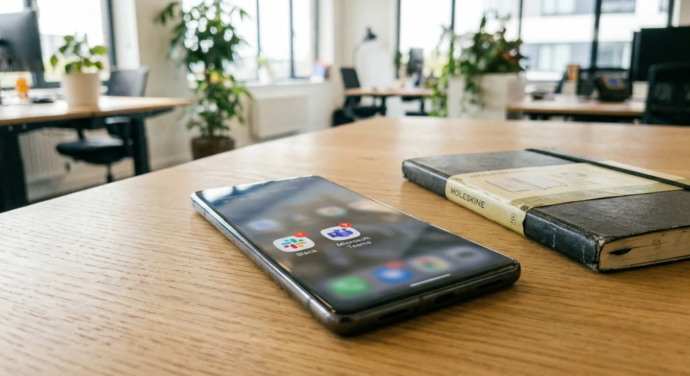 Gros plan d'un smartphone posé sur une table en bois affichant des notifications floues de Slack et Teams, illustrant l'usage quotidien et les plafonds de ces plateformes.