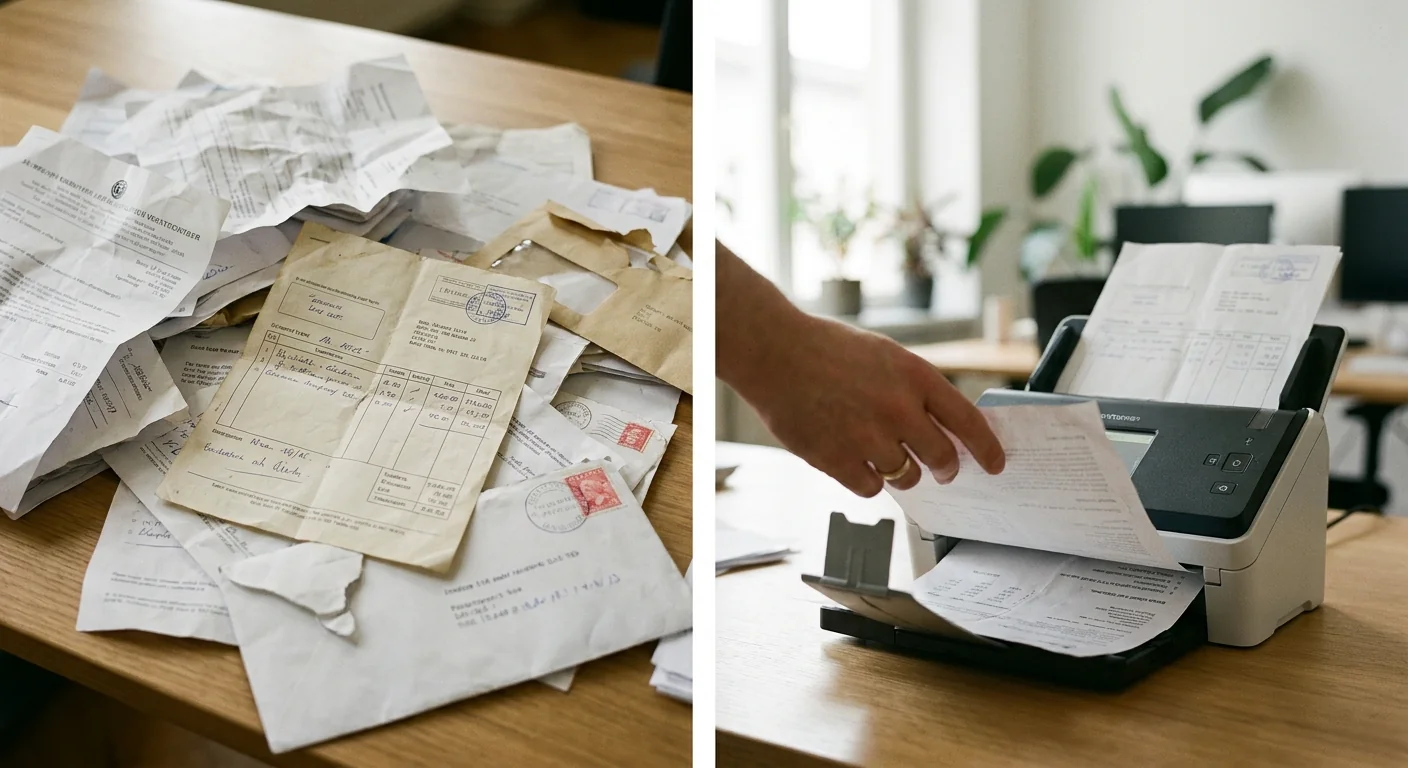Automatisation administrative : un scanner numérise des documents papier, illustrant le point de départ concret pour l'intégration de l'IA dans les entreprises suisses.