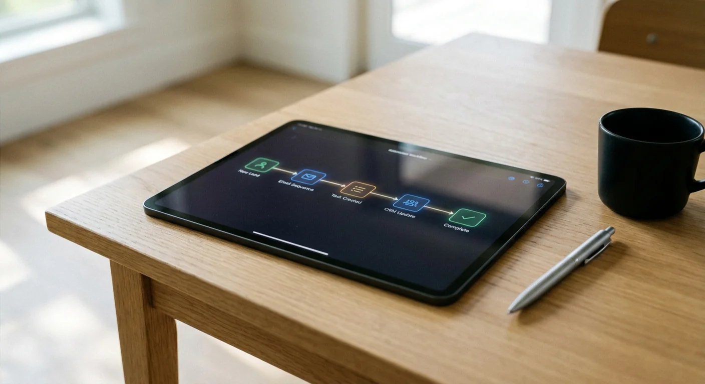 Gros plan sur une tablette affichant un workflow automatisé simple, symbole de l'automatisation pour libérer du temps.
