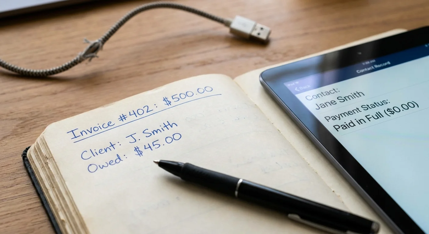 Gros plan montrant des erreurs de données entre un carnet papier et un écran de tablette, résultat d'une mauvaise intégration données.