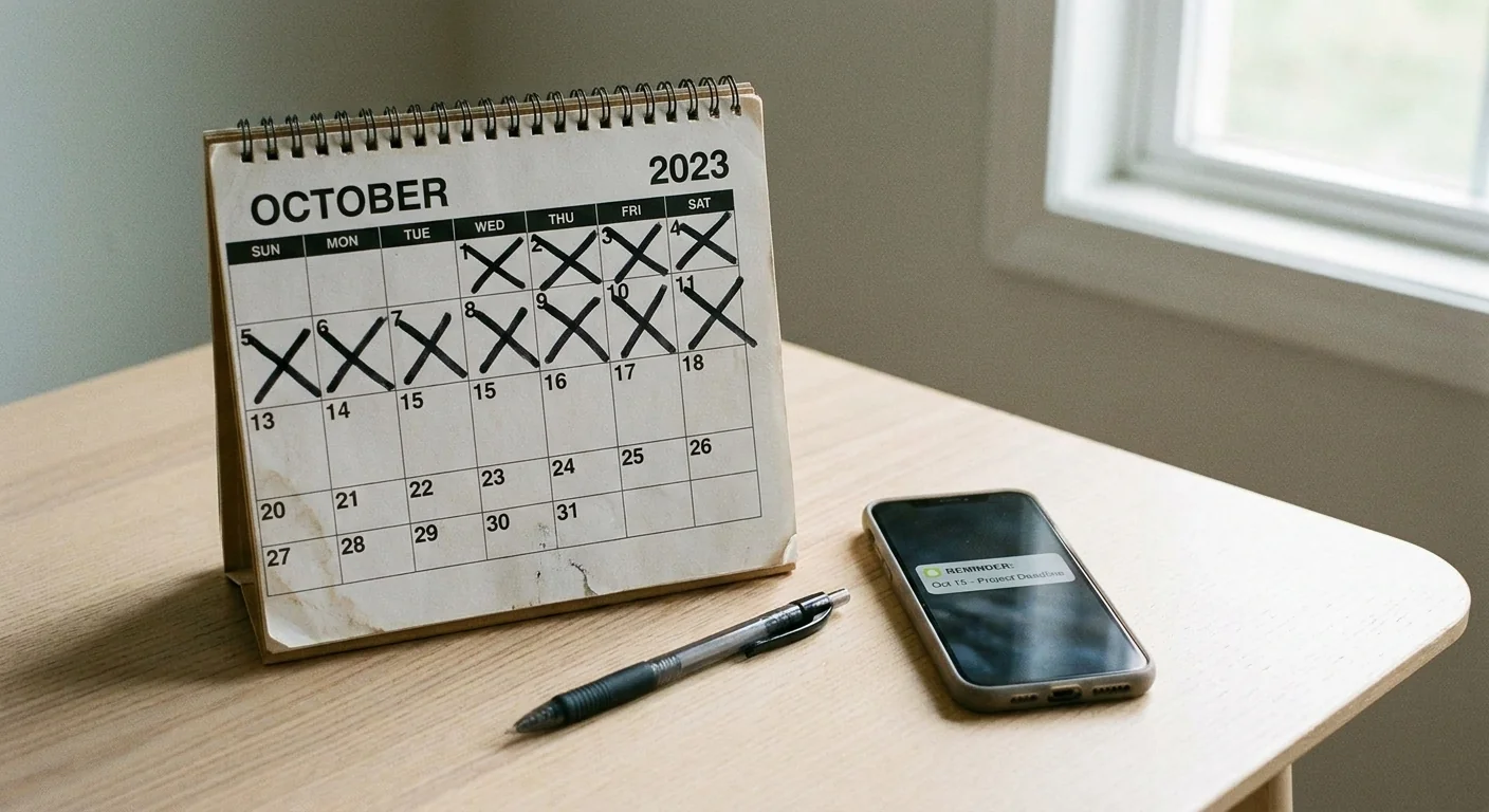 Gros plan sur un calendrier physique avec des jours cochés et un smartphone, représentant la persévérance nécessaire pour tenir le système d'organisation dans le temps.