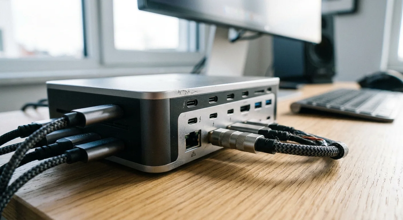 Gros plan sur des connecteurs de données complexes sur une surface en bois, symbolisant l'architecture technique sensible entre systèmes d'automatisation.