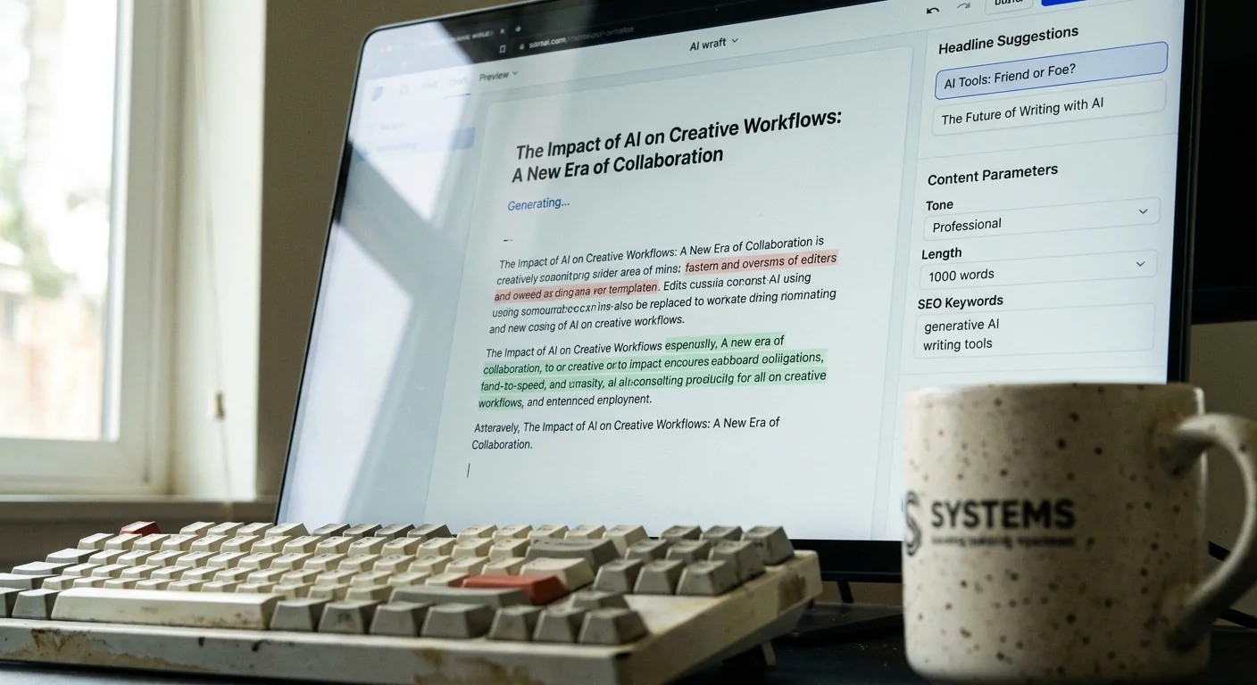 Gros plan d'une interface de création de contenu par IA sur un ordinateur, montrant le processus d'écriture automatisée et la collaboration homme-machine.