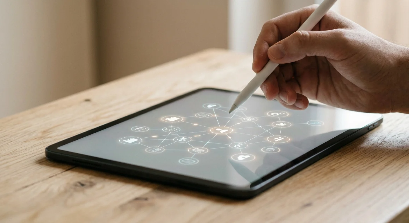 Gros plan sur une tablette affichant une interface d'organisation digitale connectée, illustrant un système de notes maîtrisé.