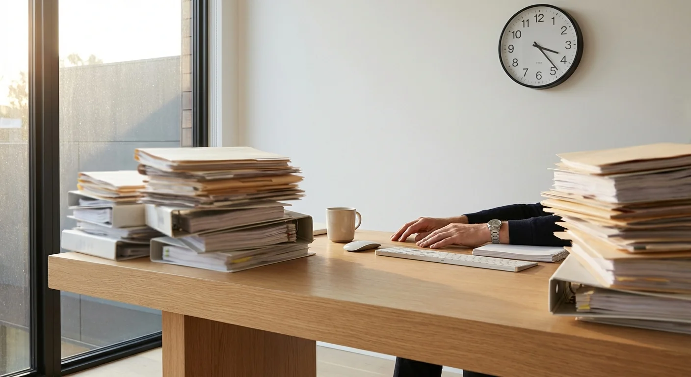 Photographie d'un bureau moderne encombré de piles de documents papier répétitifs sous une lumière naturelle, illustrant le temps perdu en tâches répétitives coûteuses pour les entreprises.