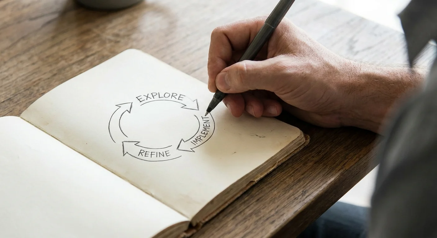 Gros plan sur un carnet avec un schéma circulaire esquissé à la main, représentant une alternative agile aux modèles de maturité IA linéaires.