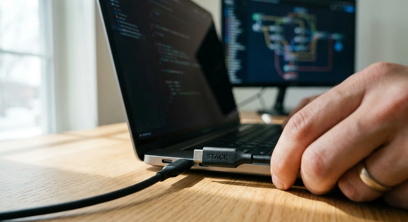 Gros plan sur une main connectant un câble à un ordinateur portable, symbolisant l'intégration et le flux de données dans un stack logiciel après transcription.