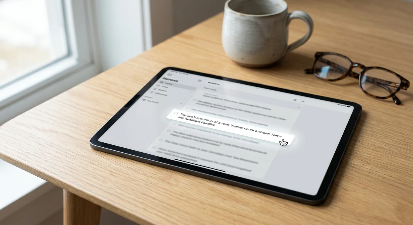 A close-up of a tablet screen displaying a software interface for filtering information, with a cursor selecting a relevant article from a list of greyed-out options. Demonstrates an automated filtering system.