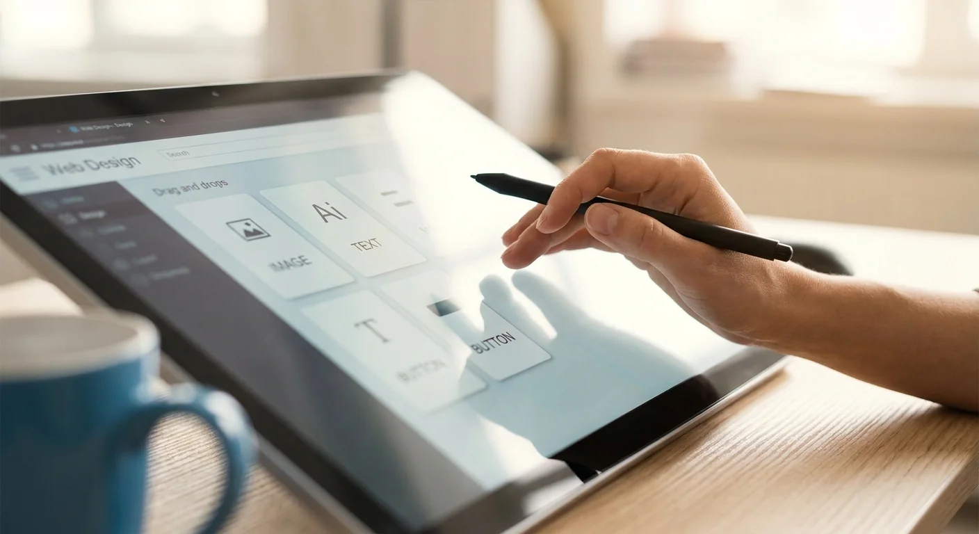 Gros plan sur une main utilisant un stylet sur une interface visuelle de tablette, illustrant l'aspect pratique du choix de plateforme web moderne.